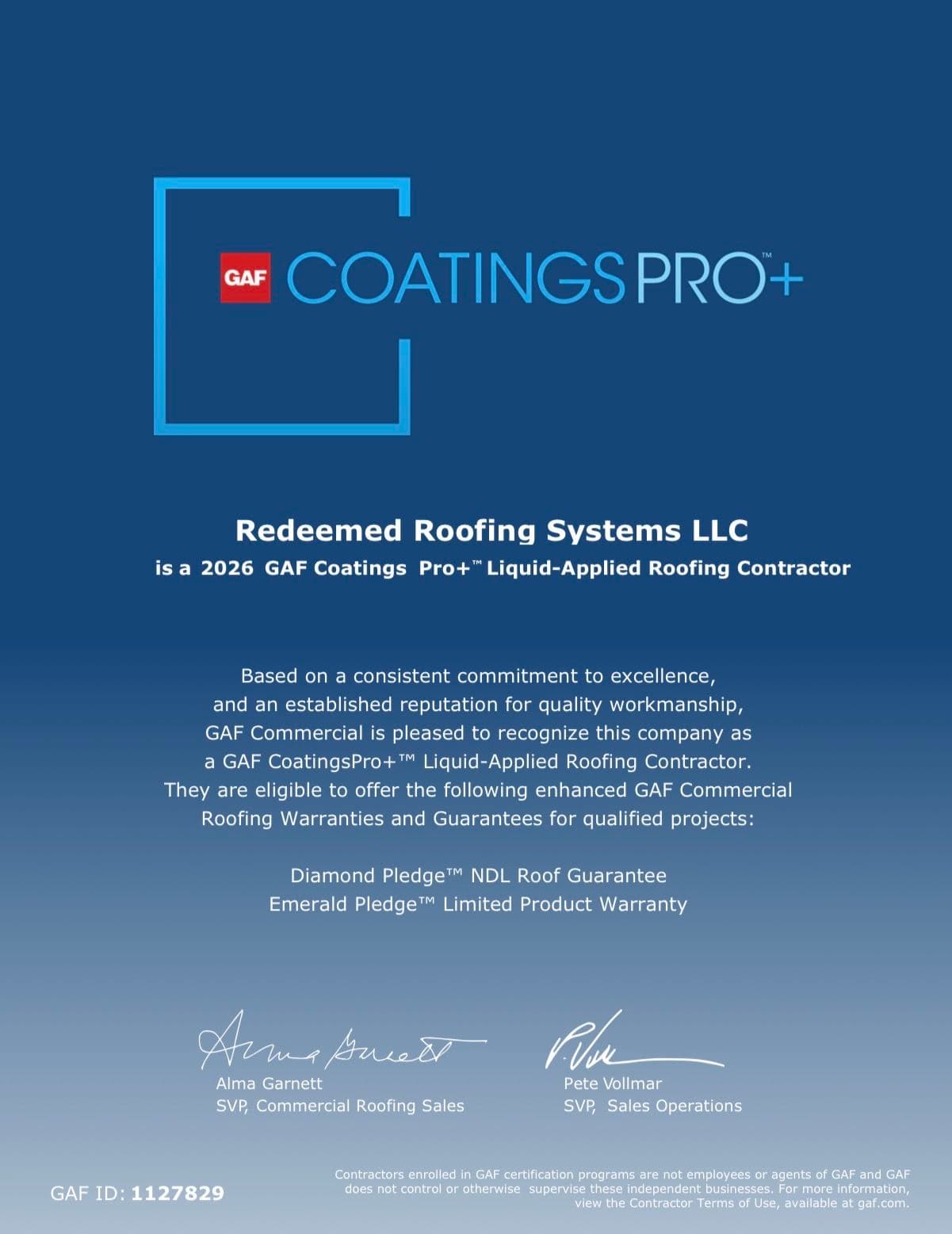 Redeemed Roofing Systems Earns GAF CoatingsPro+ Certification